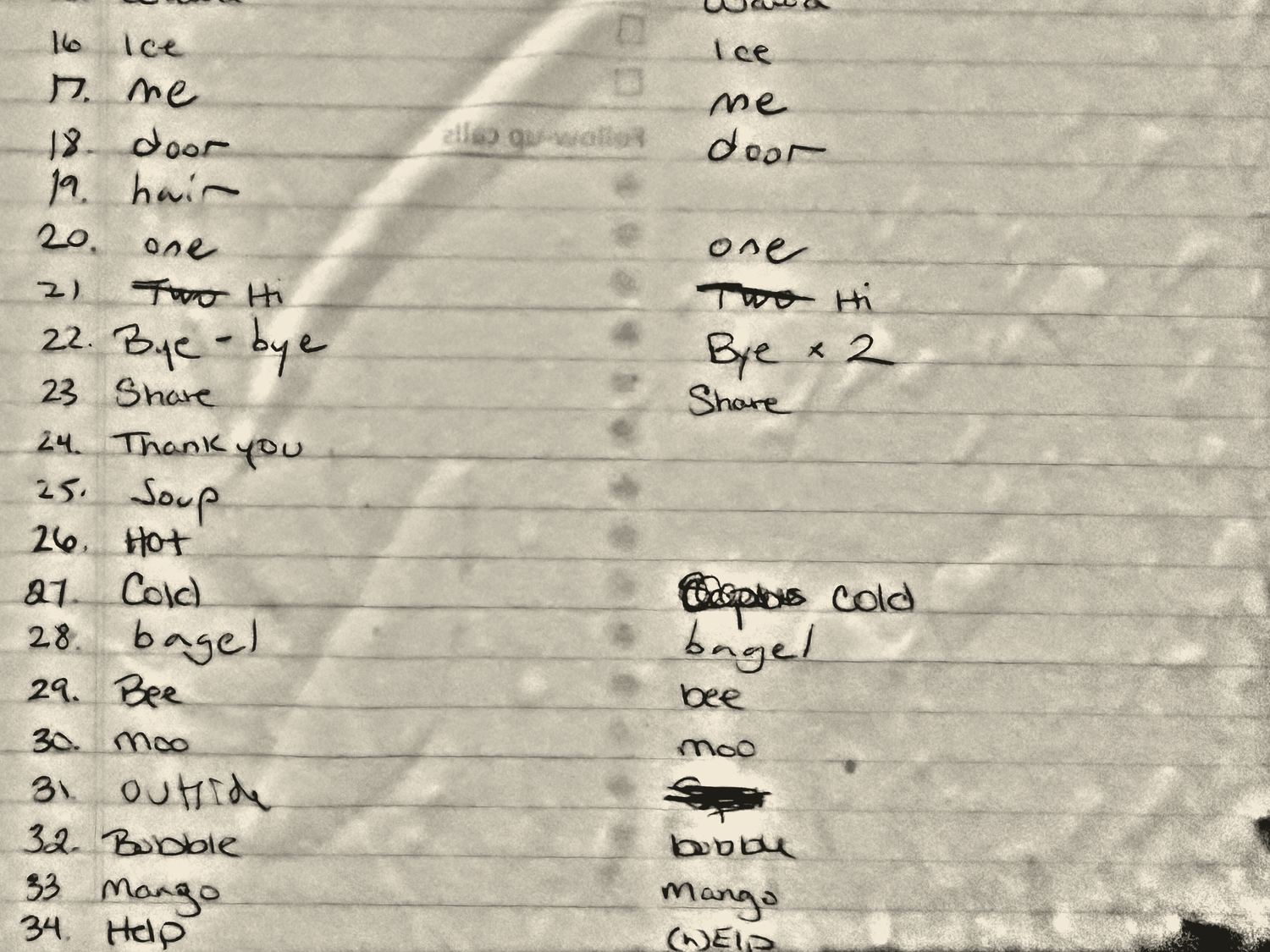 The handwritten first-words sheet, lines 16 to 34.