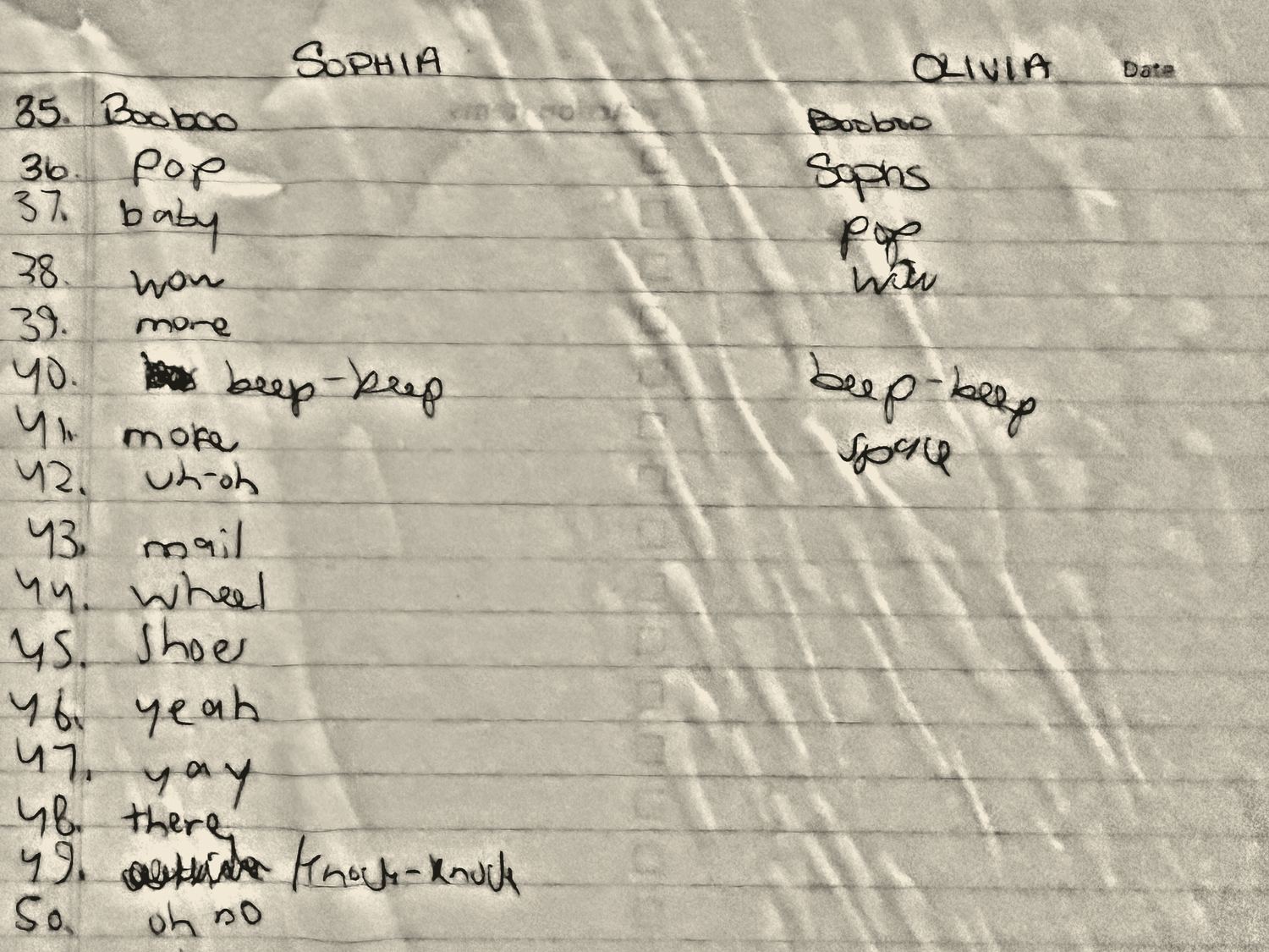The handwritten first-words sheet, the second sheet, lines 35 to 50.