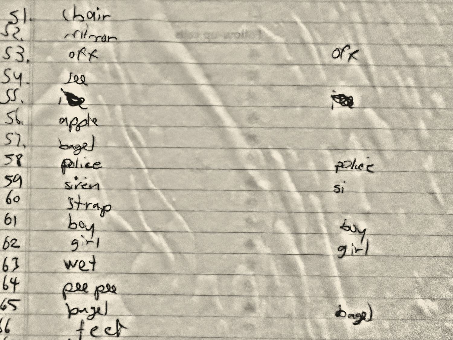 The handwritten first-words sheet, lines 51 to 66.