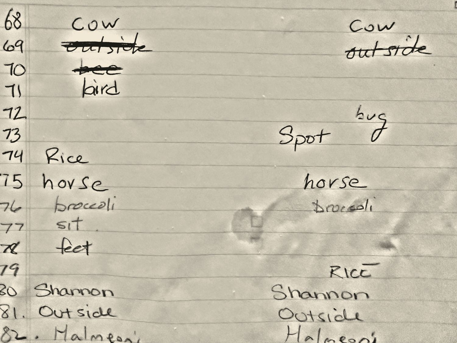 The handwritten first-words sheet, lines 68 to 82.