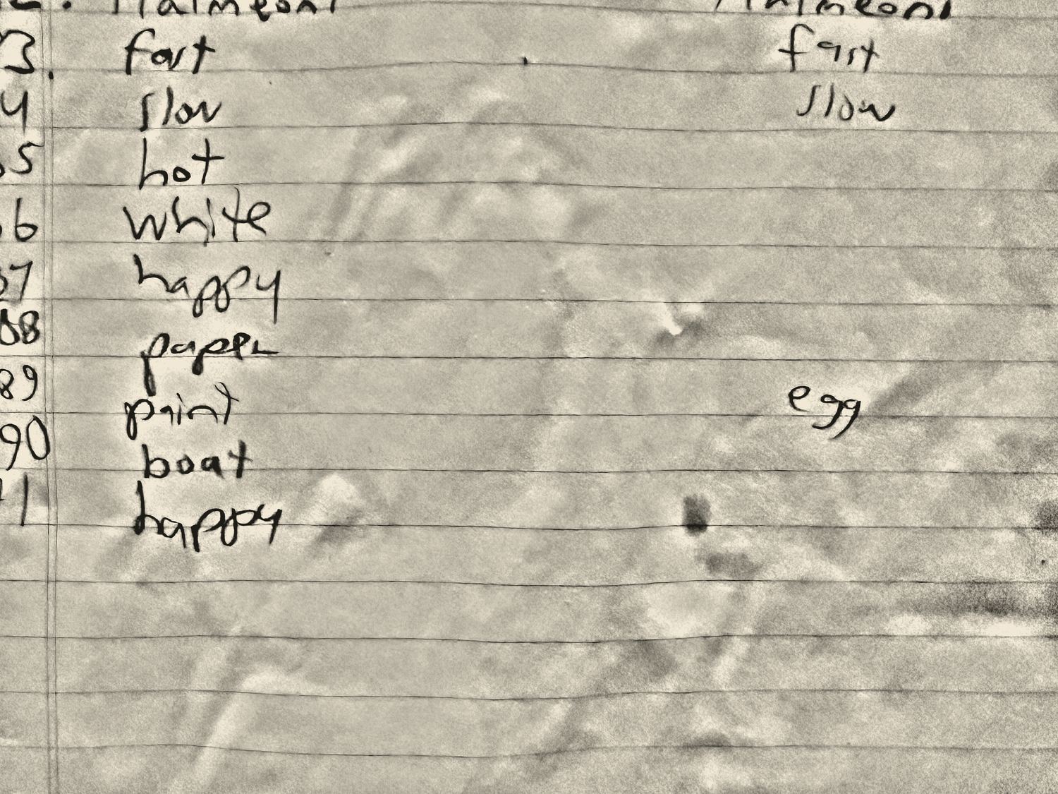 The handwritten first-words sheet, lines 82 to 91, where the list stops.